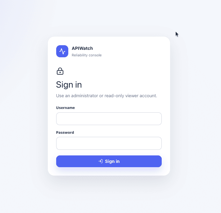 APIWatch sign-in page for administrator or read-only viewer accounts.