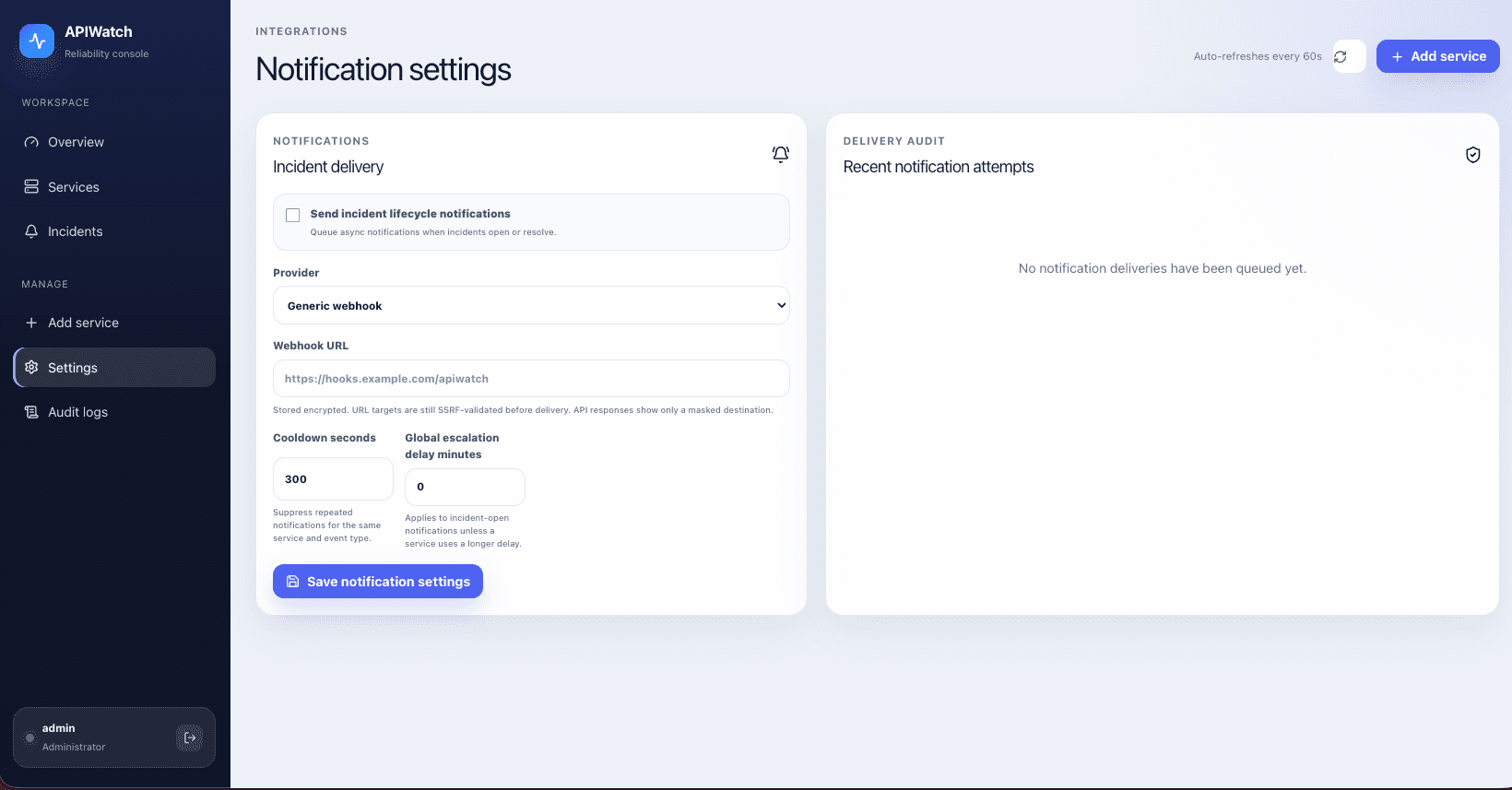 APIWatch notification settings page with provider, webhook, cooldown, escalation, and delivery audit panels.